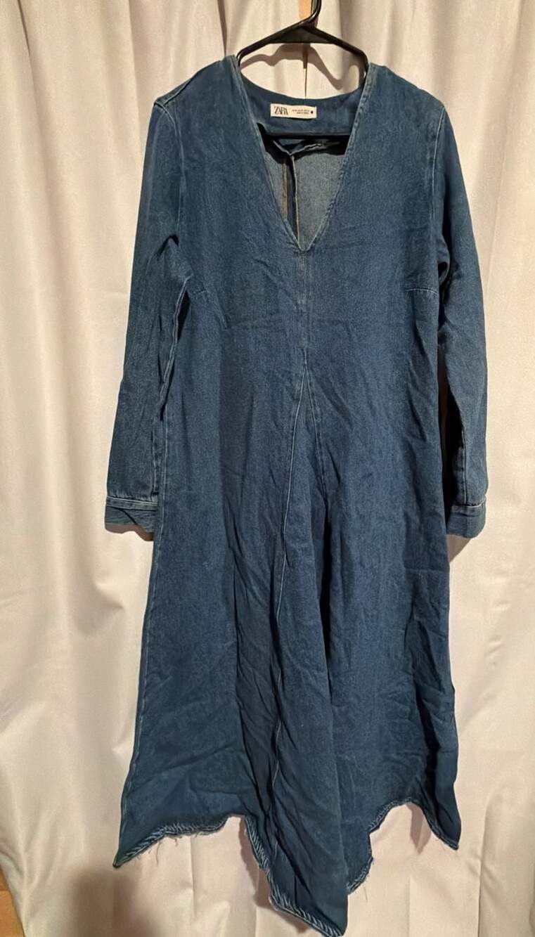 Zara Denim Maxi Dress Long Sleeve V-Neck Raw Hem Size M